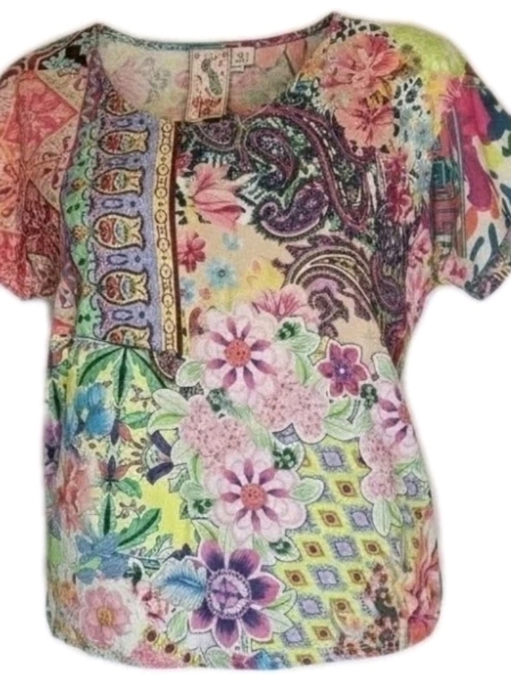 Johnny Was Top Pullover 100% Cotton Sheer Boho Floral Side Slit Tunic Size Large